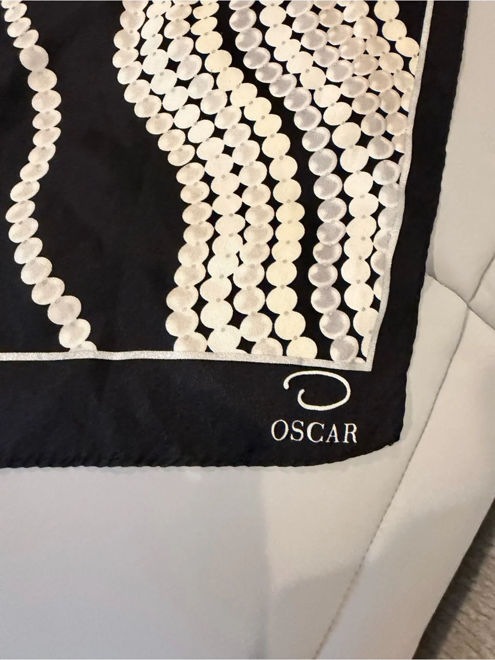 Vintage Oscar de la Renta black and white wavy pattern scarf with white circular
